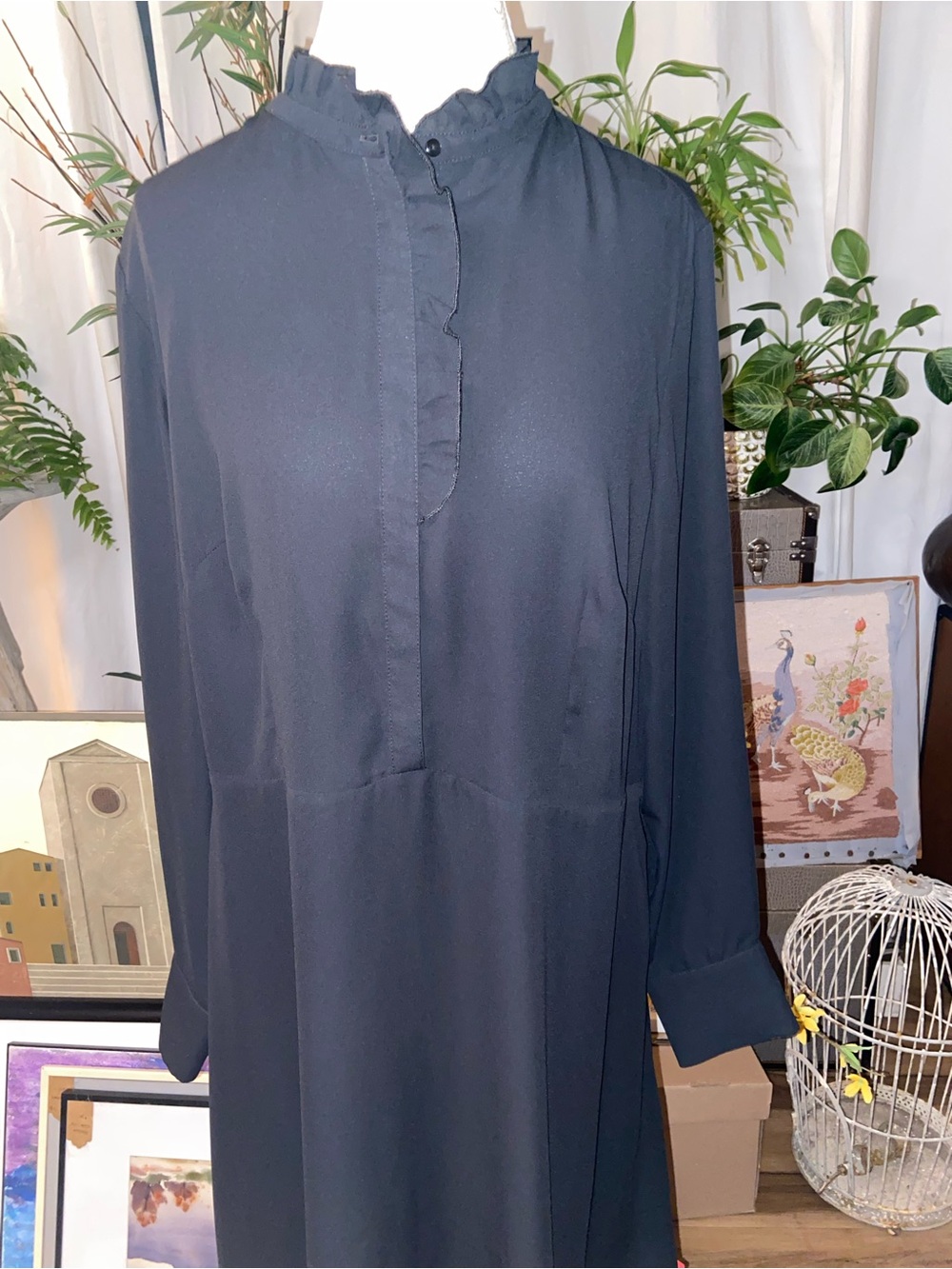 XL H&M Black Ruffle-Neck Long Sleeve Tunic Dress
